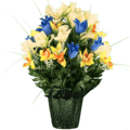 20 inches Outdoor UV Rated Sympathy Blue Tulips and Yellow Orchid mix in pot shown