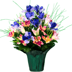 24 inches Outdoor UV Rated Sympathy Potted Cream Pink Tulips and Purple Iris Arrangement will come in the pot shown
