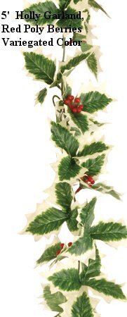 EF-64  5 feet Holly Garland Variegated Green/White Leaves Red Poly Berries (Sold in a set of 12 PC)