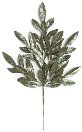 23 inches Plastic Glittered Bay Leaf Spray - Vintage Green