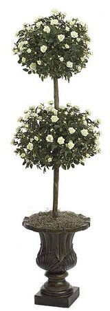 4 Foot Mini Rose Artificial Topiary - Double Ball - Natural Trunk - 3,204 Leaves - 486 White/Green Flowers - Weighted Base