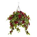 3' Poinsettia and Variegated Holly Artificial Plant in Metal Hanging Bowl (Real Touch)