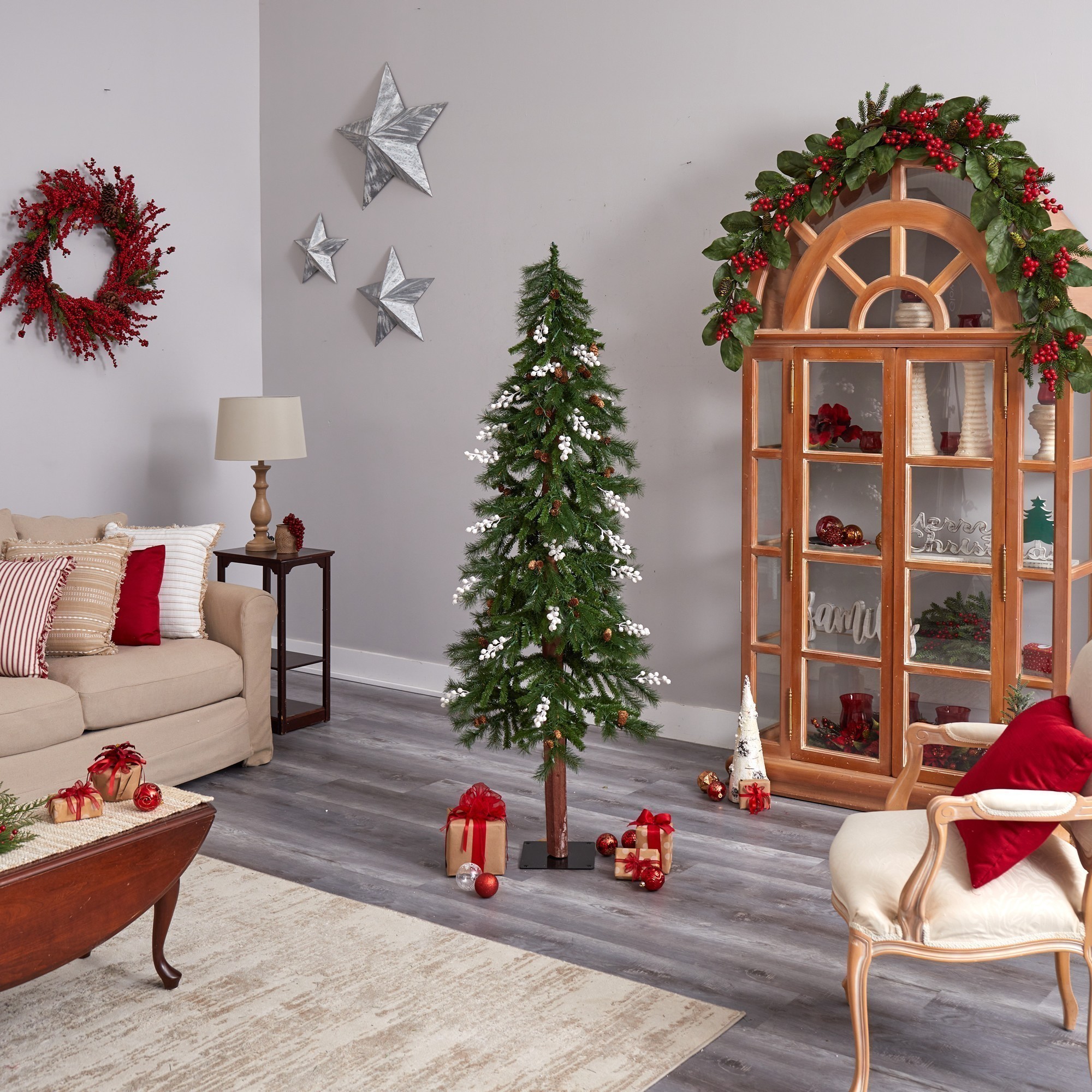 Nearly Natural 6ft. Alpine Artificial Christmas Tree with Pinecones, Berries and 200 White Warm LED Lights, image size:2000x2000