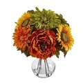 12" Peony, Dahlia and Sunflower Artificial Arrangement in Glass Vase