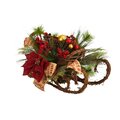 18" Christmas Sleigh with Poinsettia, Berries and Pinecone Artificial Arrangement with Ornaments