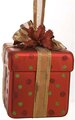 8 inches Plastic Gift Box Ornament - Red with Red/Green Glittered Polka Dots