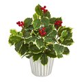 13" Variegated Holly Leaf Artificial Plant in White Planter with Silver Trimming (Real Touch)