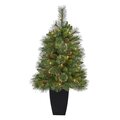 3.5' Golden Tip Washington Pine Artificial Christmas Tree with 50 Clear Lights, Pine Cones and 148 Bendable Branches in Black Metal Planter