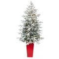 5' Flocked Manchester Spruce Artificial Christmas Tree with 100 Lights and 357 Bendable Branches in Red Tower Planter