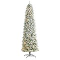 9' Slim Flocked Montreal Fir Artificial Christmas Tree with 600 Warm White LED Lights and 1860 Bendable Branches