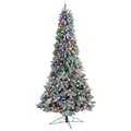 8.5' Flocked British Columbia Mountain Fir Artificial Christmas Tree with 120 Multi Color Globe Bulbs and 1513 Bendable Branches