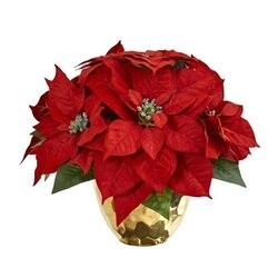 Poinsettia Artificial Arrangement in Golden Vase