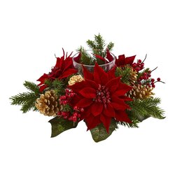 Poinsettia, Berry and Golden Pine Cone Candelabrum Artificial Arrangement