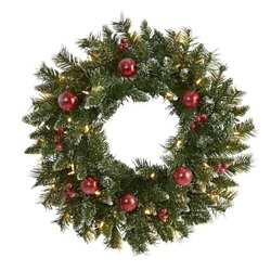 24" Frosted Artificial Christmas Wreath with 50 Warm White LED Lights, Ornaments and Berries