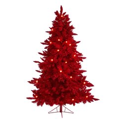 6' Red Flocked Fraser Fir Artificial Christmas Tree With 350 Red Lights, 33 Globe Bulbs And 748 B...