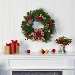 24" Christmas Pine Artificial Wreath with Pine Cones and Ornaments