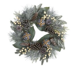 24" Snow Tipped Holiday Artificial Wreath with Berries, Pine Cones and Ornaments