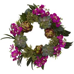 20" Orchid, Artichoke and Succulent Wreath