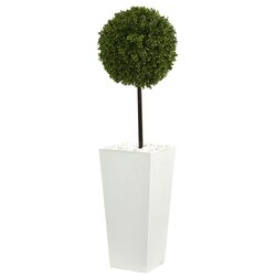 3.5' Boxwood Ball Topiary Artificial Tree in White Tower Planter UV Resistant (Indoor/Outdoor)