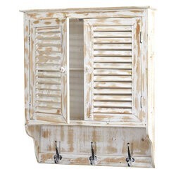 32" White Washed Wall Cabinet with Hooks