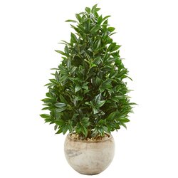 38" Bay Leaf Cone Topiary Artificial Tree in Bowl Planter UV Resistant (Indoor/Outdoor)