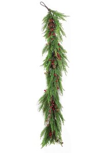 6 FOOT NATURAL Norfolk TOUCH CEDAR GARLAND WITH PINECONES AND RED BERRIES
