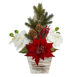 15" Poinsettia and Orchid Artificial Arrangement in Christmas Tree Vase