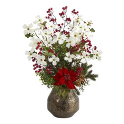 31" Poinsettia, Dogwood and Berry Artificial Arrangement in Designer Vase