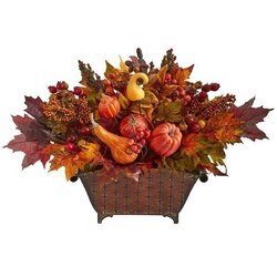 27" Pumpkin, Maple Leaf and Berries Artificial Arrangement in Metal Vase