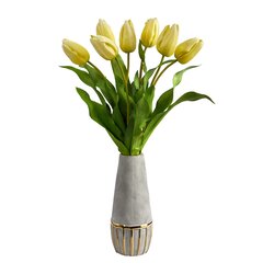 22" Dutch Tulip Artificial Arrangement in Stoneware Vase with Gold Trimming