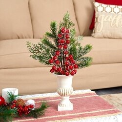 19" Iced Pine and Berries Artificial Arrangement in White Urn