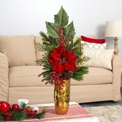 32" Poinsettia, Berries, Pine and Pinecone Artificial Arrangement in Gold Vase