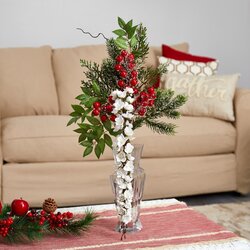 25" Wisteria, Iced Pine and Berries Artificial Arrangement in Glass Vase