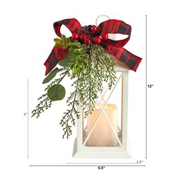 12" Holiday White Lantern With Berries, Pine And Plaid Bow Christmas Table Arrangement