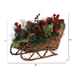 18" Christmas Sleigh with Pine, Pinecones and Berries Artificial Christmas Arrangement