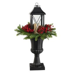 33" Holiday Greenery, Berries and Pinecones in Decorative Urn with Large Lantern and Included LED Candle Artificial Christmas Porch Decor