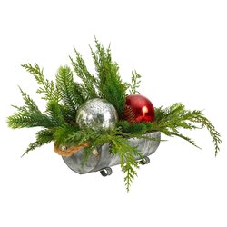 18" Holiday Winter Cedar Pine Artificial Table Christmas Arrangement with Ornaments, Home Decor