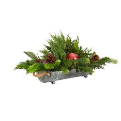 24" Cedar Pine, Pinecones and Ornaments Artificial Christmas Arrangement in Tin Vase