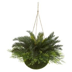17" Outdoor Cycas Artificial Plant In Mossy Hanging Basket (Indoor/Outdoor)