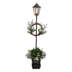 5' Holiday Pre-lit Decorated Lamp Post with Artificial Christmas Greenery, Decorative Container and 50 LED Lights Indoor Outdoor Patio Porch Decor