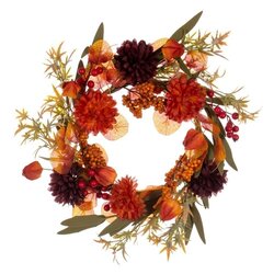 14" Orange/Burgundy Mum/Lantern Wreath