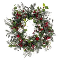 24" Green Artificial Holly Pine and Red Jingle Bell Wreath.