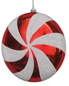 12 INCH REFLECTIVE RED SWIRL CANDY ORNAMENT WITH WHITE GLITTER