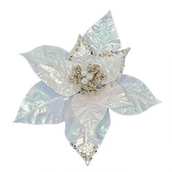 9 Inch White Iridescent Poinsettia Ornament Clip
