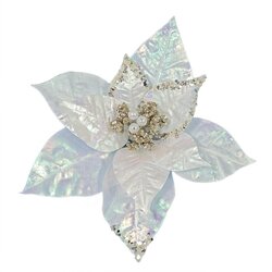 9 INCH WHITE IRIDESCENT POINSETTIA ORNAMENT CLIP