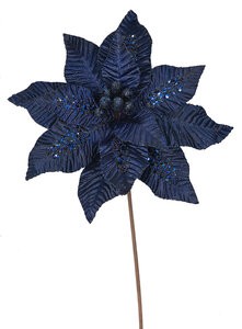 22 Inch Velvet Glittered/Beaded Navy Poinsettia Stem