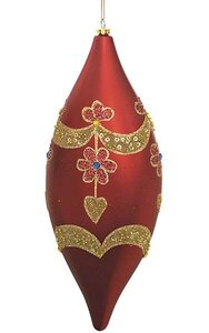 Plastic Glittered Flat Drop - Matte Red with Gold/Sequin Flower Pattern