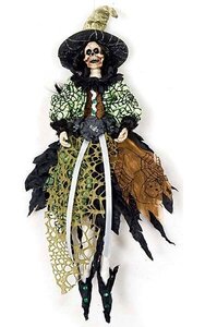 12 inches x 5 inches Hanging Skeleton Witch Ornament - Black/Green