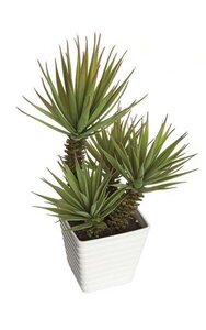 14 inches Potted Plastic Yucca Plant - 4 Green Stems - Square White Pot