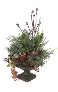 15 inches x 12 inches Potted Plastic Mixed Greenery/Berry - Green/Burgundy - Urn